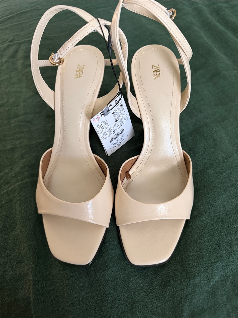 ZARA Nude Cream Square-Toe Ankle-Strap Block Heels